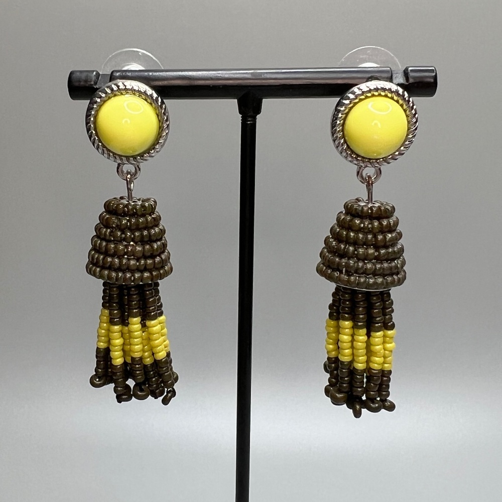 Yellow & Green Beaded Tassel Earrings